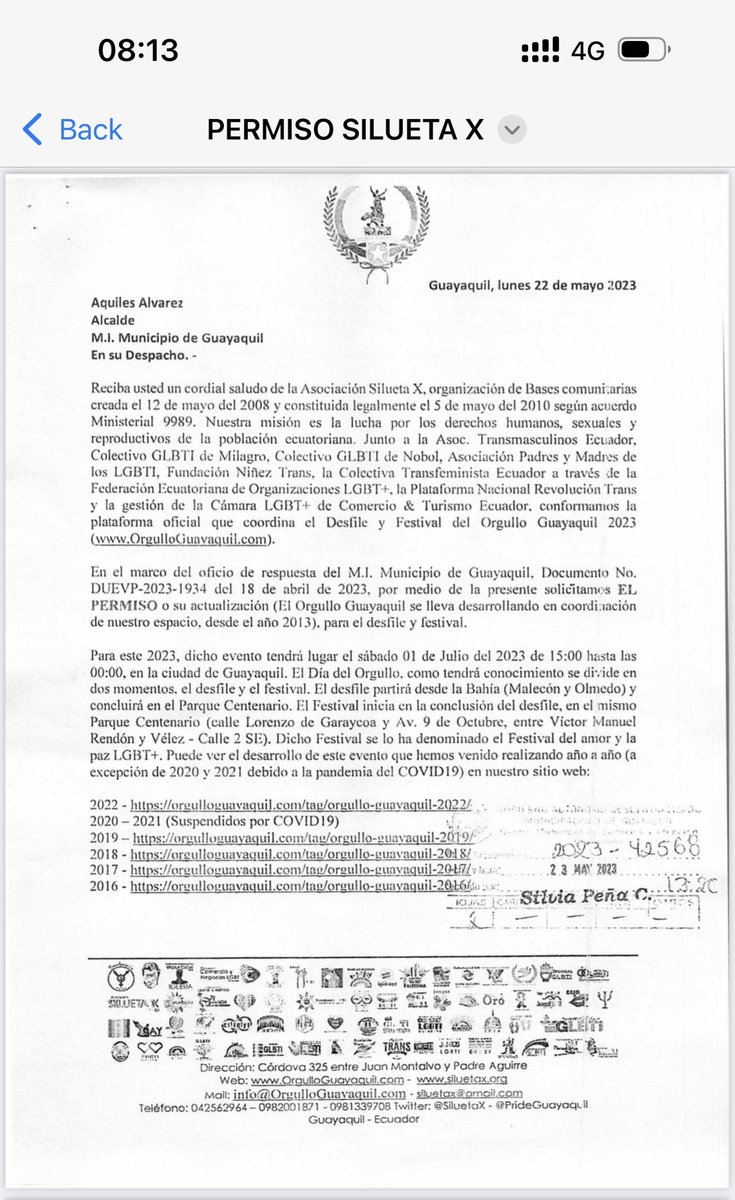 aquilesalvarez's tweet photo. Para aclarar: 

Adjunto los 3 oficios de la Asociación Silueta X, con sus respectivos requerimientos. Así mismo, el oficio de traslado del Ing. Víctor Ponce, director de la dirección de uso del espacio y vía pública al Myr. Manolo Agurto ( Director de control de tránsito de la ATM), en el cual se le solicita que elabore un informe sobre si el evento generaría impacto vial en el entorno de la ruta propuesta. 

También adjunto la contestación del Myr. Manolo Agurto al oficio del ing. Víctor Ponce. 
En base al análisis, la Ing. María Belén Zambrano ( Jefa de la ocupación de la Vía Publica ), le contesta a la Asociación Silueta X, que NO es procedente y, se SUGIERE que el evento sea realizado en la Av. Paseo del parque, del parque Samanes - carriles centrales, debido a que cuenta con una distancia de 2,5 km. 

Por supuesto, con el respaldo de la ATM y CSCG, para precautelar el orden. ( Como es nuestro deber. ) 

Es importante precisar, que:

1- NO estamos en contra de ningún evento, ni de ninguna agrupación en general. 

Los espacios públicos son de los ciudadanos, simplemente tenemos que precautelar el orden y control. 

2- Referente a la solicitud de cooperación para: “ plataforma, luces, sonido y pantalla ", No procede por tema de recursos que hoy son limitados dentro del MIMG. 

Nosotros como MIMG, tomamos decisiones pensando en la colectividad en general, siempre con objetividad,  no nos oponemos a la realización de ningún evento en particular, siempre que se maneje dentro del orden y recomendaciones técnicas que las autoridades locales dispongan.