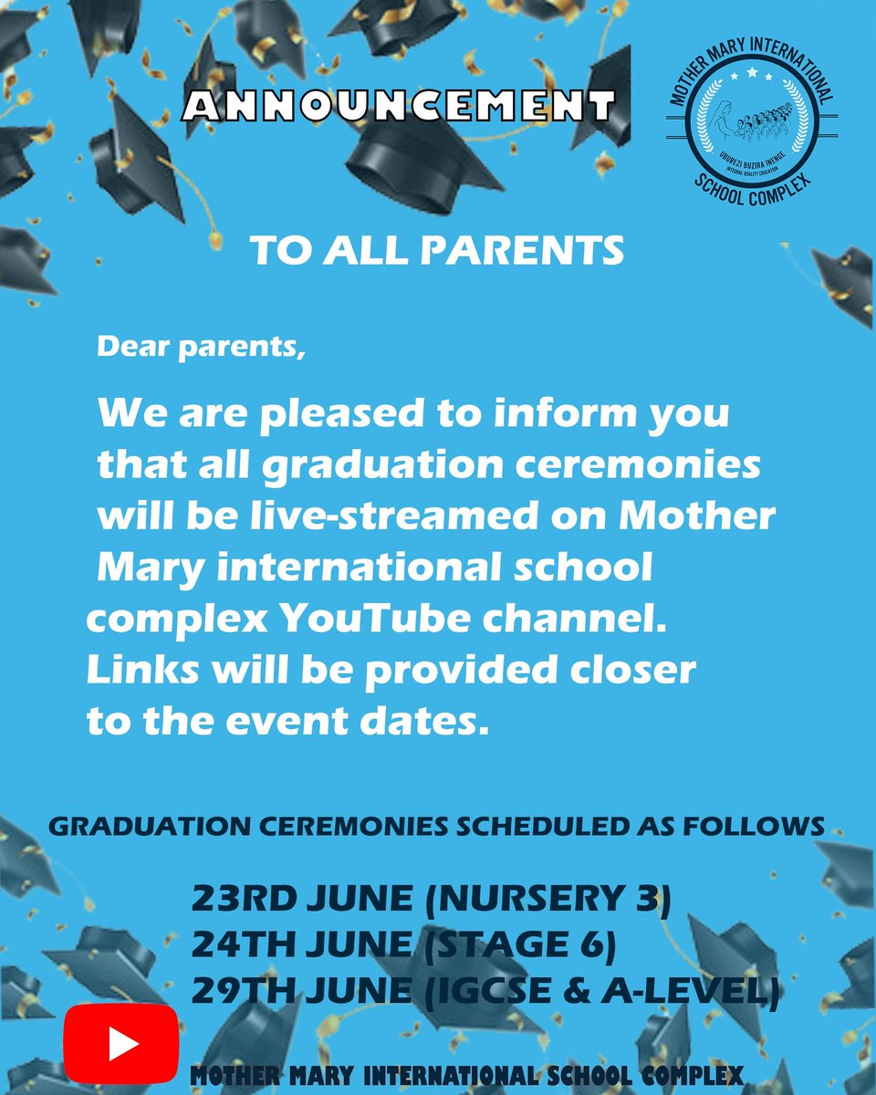 MMISC graduation ceremonies,

All scheduled graduation ceremonies will be held at our school located in Kibagabaga, Rwanda.

#UBUREZIBUZIRAINENGE 

Stay tuned!