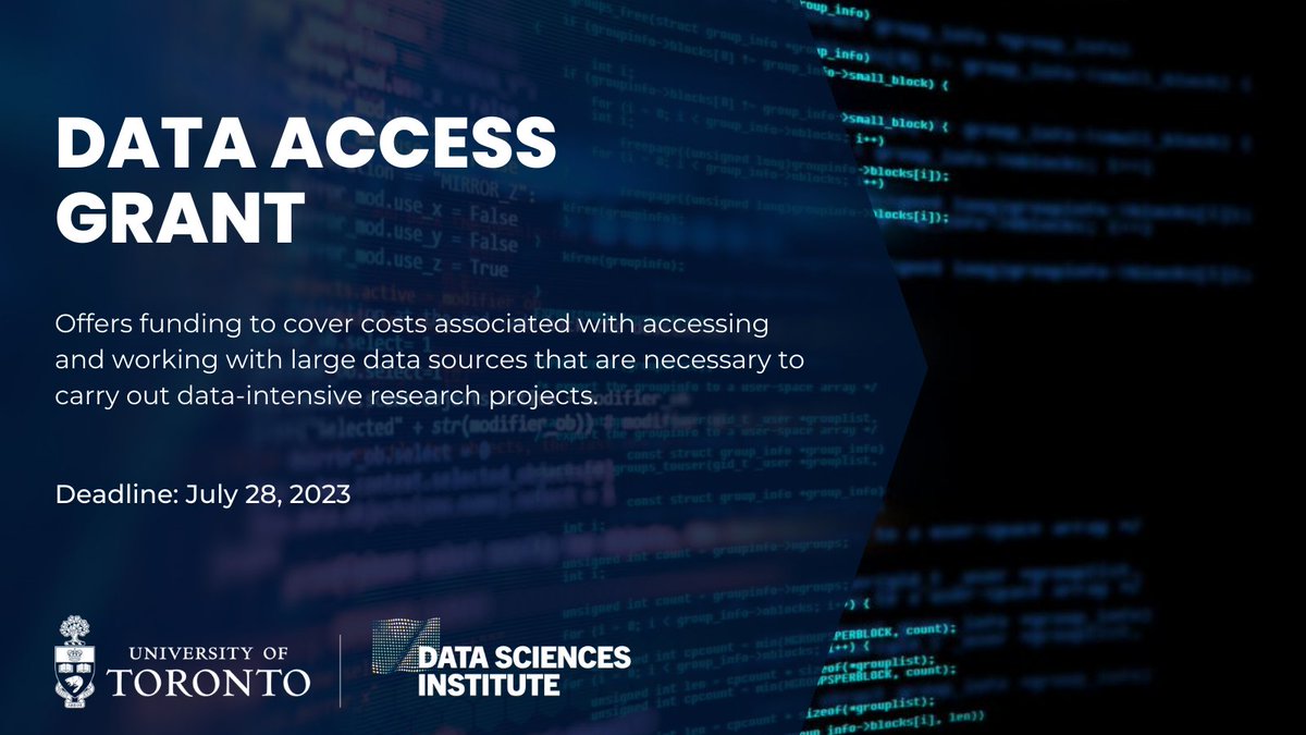 👋 #DataScience community: DSI provides Data Access Grants of up to $10,000 to cover costs associated with accessing and working with large data sources that are necessary to carry out data-intensive research projects. 🗓️ Apply by July 28 🔗 bit.ly/3NmILYy