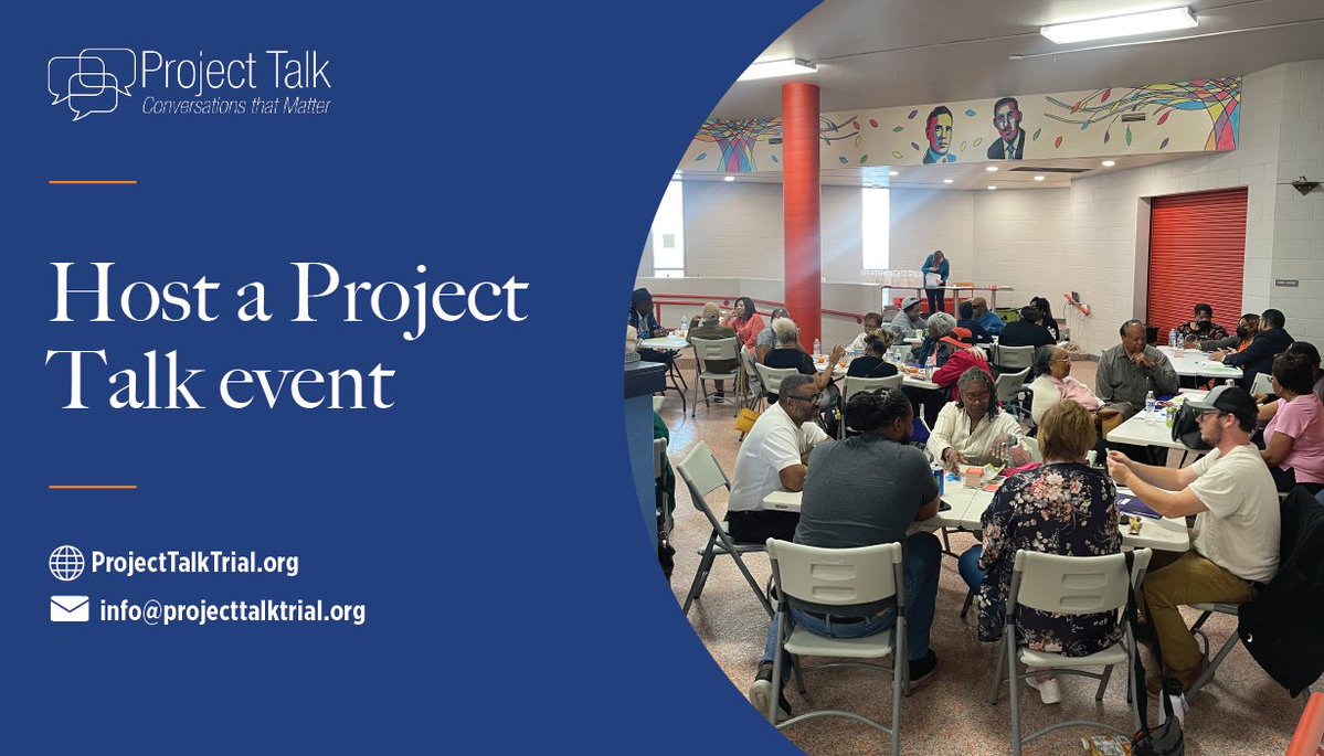 Help start conversations about #advancecareplanning by hosting an engaging Project Talk event in YOUR area!  

Project Talk is recruiting 75 community organizations across the US to host an event for an #acp research project. Don't miss this opportunity!
projecttalktrial.org