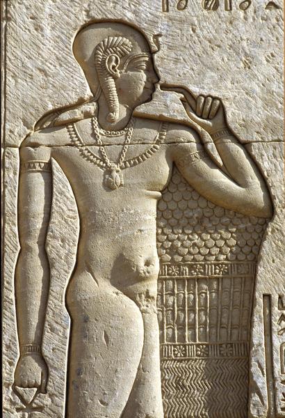 Relief depicting Ihy, son of Hathor and Horus.
Temple of Hathor at Dendera.