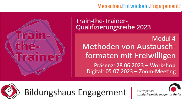 #OTD 24. Juni | Anmeldeschluss für Modul 4 der #TrainTheTrainer-#Qualifizierung:  "AUSTAUSCHFORMATE mit FREIWILLIGEN" ➔ bildungshaus-engagement.berlin/train-the-trai…

#MenschenEntwickelnEngagement mit @Ch_Biedermann im #BildungshausEngagement Berlin #EngagementKoordination #Freiwilligenmanagement