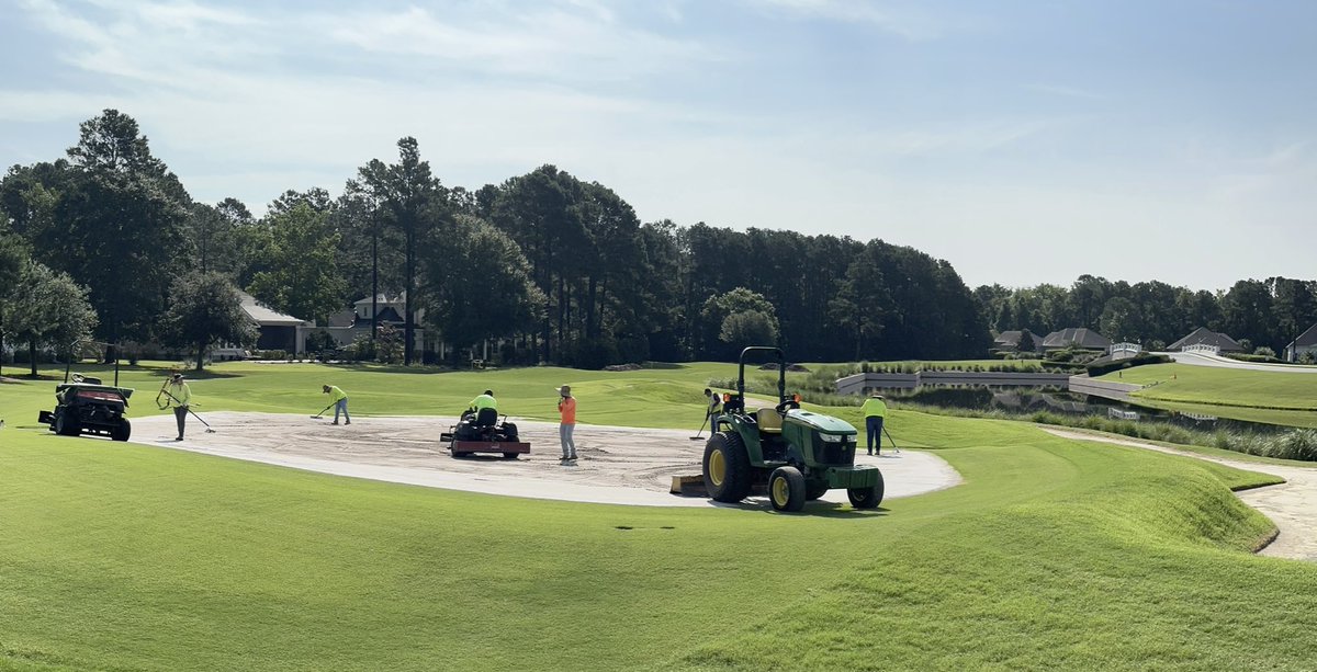 lipouts's tweet photo. Sprigging of greens wraps up today at Hampton Hall Club with @NewLifeTurf1 and @LandscapesGolf, then they’ll finish up the install of @Billy_Bunker + bunker sand and sod on a handful of tees. @GPIDrainage continues to rock ‘n roll. Finish line is in sight. https://t.co/lfuDDmRgx6