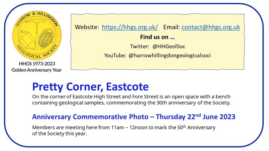 HHGeolSoc's tweet photo. Celebrating 50 years, meeting at #PrettyCorner HHGS geological bench for a photo tomorrow to commemorate our Golden Anniversary, walking along Celandine Route #riverpinn to Eastcote House @EastcoteGardens @harrow_council @Hillingdon @PinnerEastcote https://t.co/pA4ORGexEh