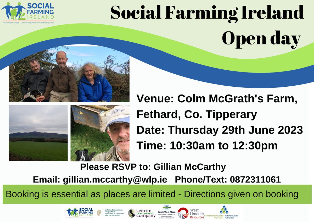 Social Farming Open Day Thurs 29th June 2023 10.30 am to 12.30 pm! 🚜

Booking essential please call Gillian on 087 2311061/ Email: gillian.mccarthy@wlp.ie  #socialfarming #inclusion #farming