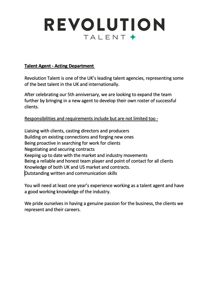 We are hiring! Revolution Talent are looking to expand the team and bring on a new agent in the actors department. Please email applications@revolutiontalent.co.uk with a CV and cover letter.

revolutiontalent.co.uk/jobs
