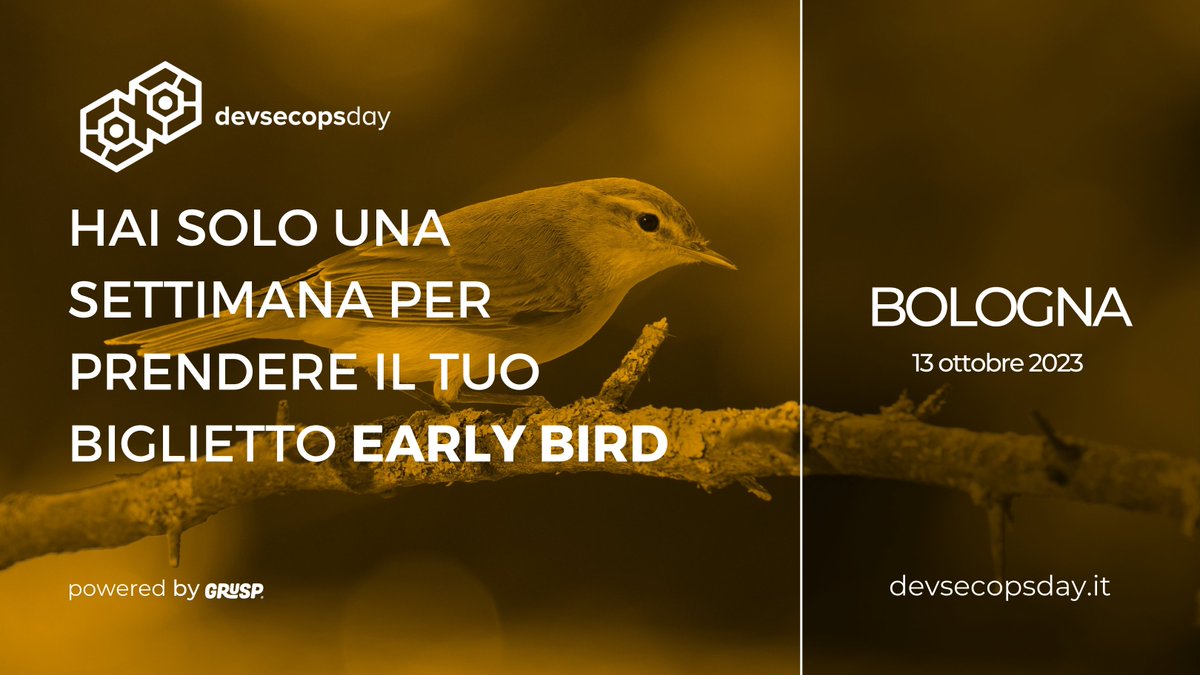 grusp's tweet image. Hei, questa settimana terminano gli #EarlyBird per @devsecopsdayit 
🕰️ Prendi il tuo biglietto prima che il prezzo aumenti!

 👉 devsecopsday.it
Ti aspettiamo a📍 Bologna il 📅 13.10.23

#devsecopsday23 #DevSecOps #DevOps #IncontroDevOpsItalia #Cybersecurity #Containers