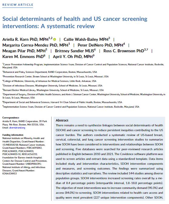 This new review by <a href="/DrAriKorn/">Ariella Korn</a> et al describes how social determinants of health (#SDOH) have been considered in the design and evaluation of cancer screening interventions and effect sizes for SDOH interventions.

🔗 acsjournals.onlinelibrary.wiley.com/doi/full/10.33…

@CWalshBailey @DrMargaritaCM