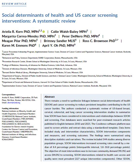 This new review by @DrAriKorn et al describes how social determinants of health (#SDOH) have been considered in the design and evaluation of cancer screening interventions and effect sizes for SDOH interventions. 🔗 acsjournals.onlinelibrary.wiley.com/doi/full/10.33… @CWalshBailey @DrMargaritaCM