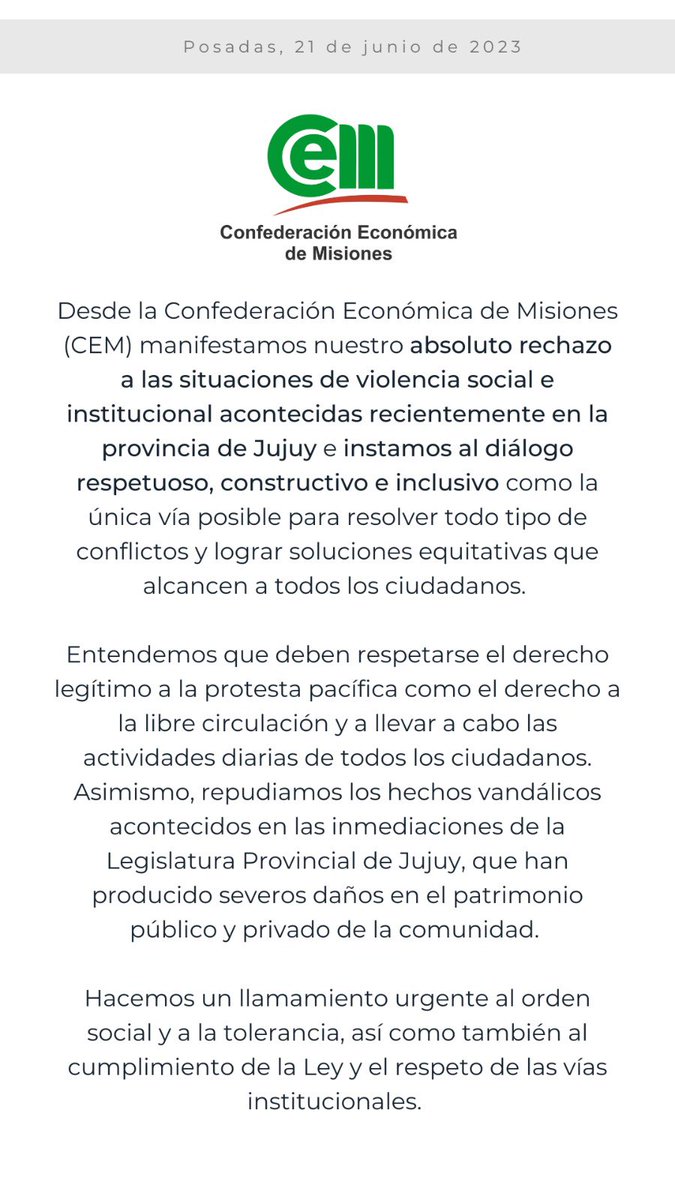 Comunicado de la confederación Económica de Misiones