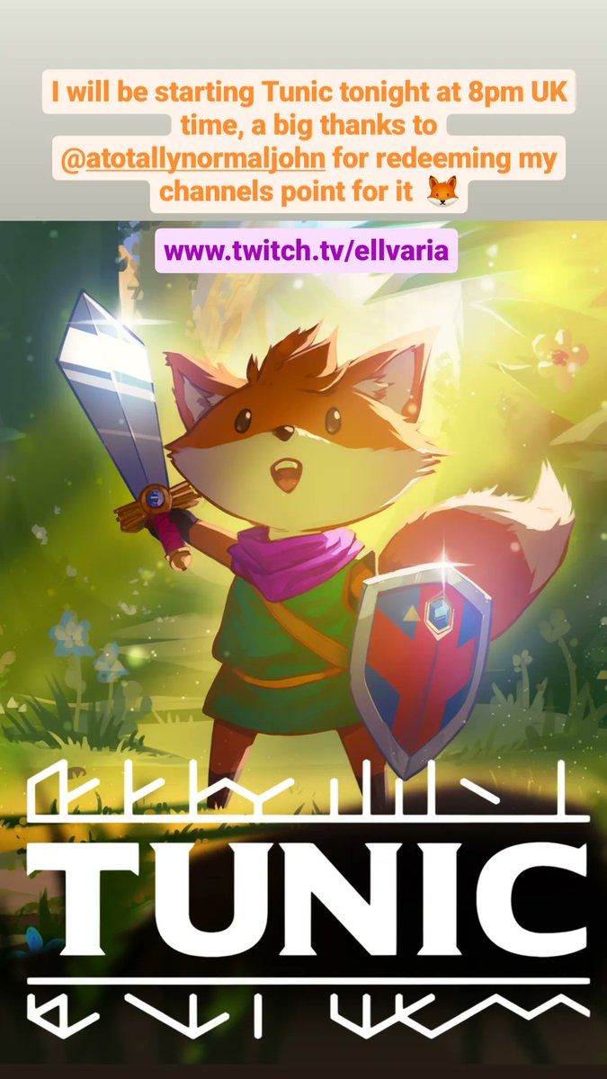 Ellvaria5657's tweet photo. I will be starting #Tunic tonight at 8pm UK time on https://t.co/HZ6CSC1qlC A big thanks to @atnjohn for redeeming my channel points for it π¦
#GirlGamer #Gamer #Twitch #Affiliate #Streamer #Fox #Foxanne https://t.co/ICkd4waDOb