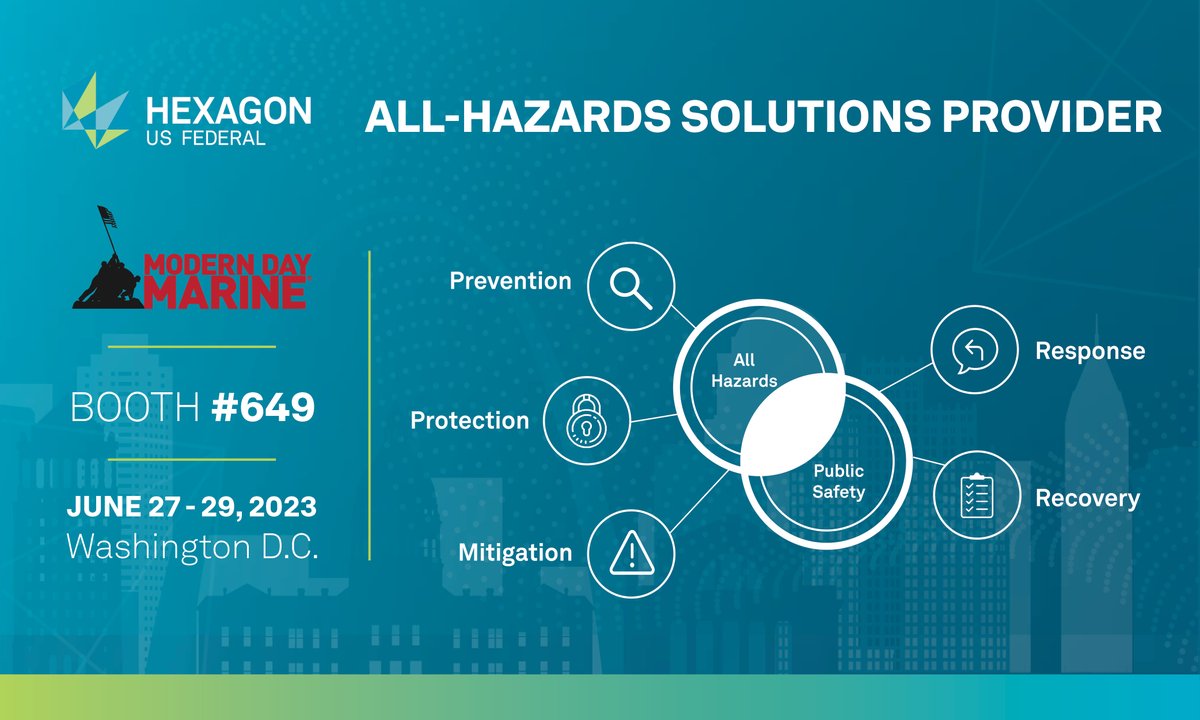 HexagonFederal's tweet photo. We’re ready for @ModernDayMarine 2023, next week from June 27 - 29, 2023 in Washington, DC. Our Security Solutions team will be at Booth 649 to learn about your mission needs. https://t.co/JWrrJ4rh2L
#HexFedEvents #MDM23 #AllHazards https://t.co/tP3QUiarIu