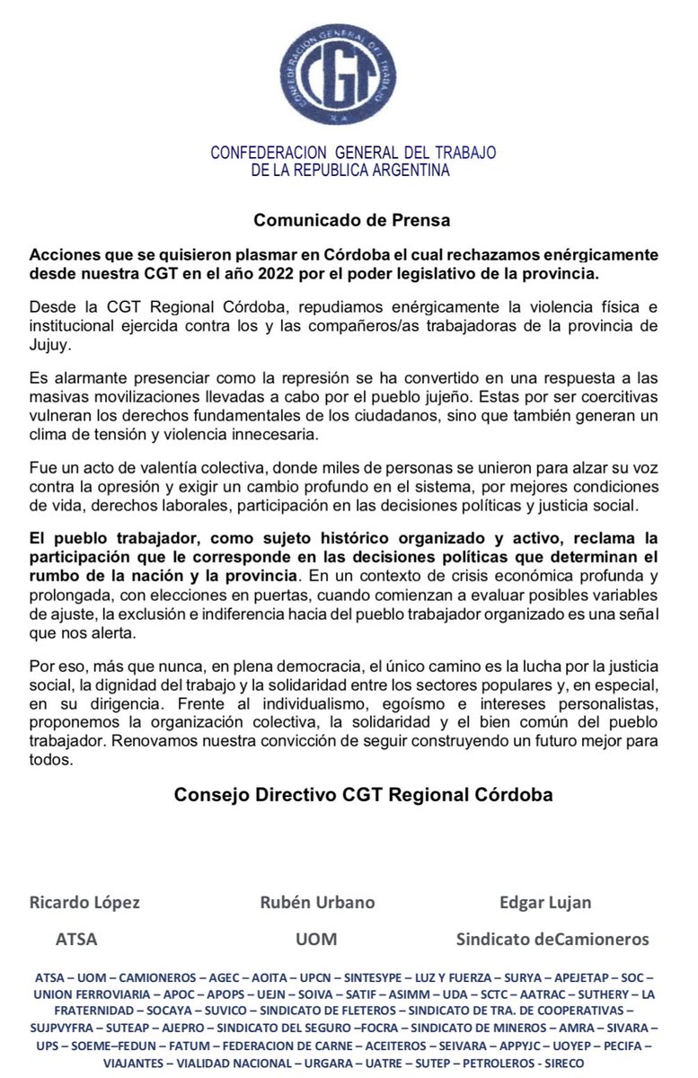 La CGT Regional Córdoba rechaza y exige el cese de la reprensión en Jujuy.

Además se repudia la violencia física e institucional. 

Comunicado
👇👇👇