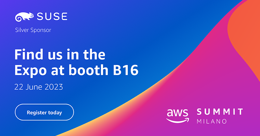 Il prossimo appuntamento con SUSE è a #AWSSummit Milano. 
Vieni a trovarci al booth B16 per una chiacchierata con gli esperti #SUSE e partecipa a un simpatico quiz per aggiudicarti il nostro camaleonte gigante! Ti aspettiamo!
