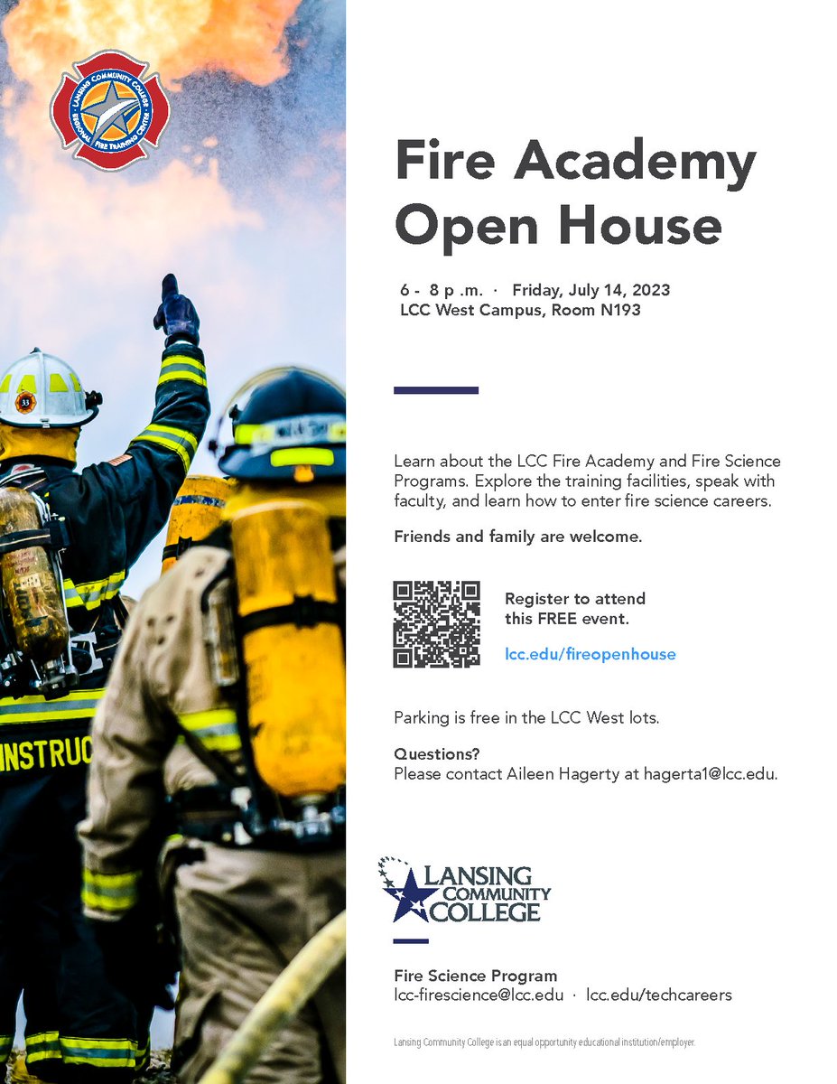 Join LCC for the LCC Fire Academy Open House on July 14, 2023, from 6-8pm at LCC West Campus, Room N193. Learn about the LCC Fire Academy and Fire Science programs, explore the training facilities, speak with faculty and more. Questions, contact Aileen Hagerty, hagerta1@lcc.edu.