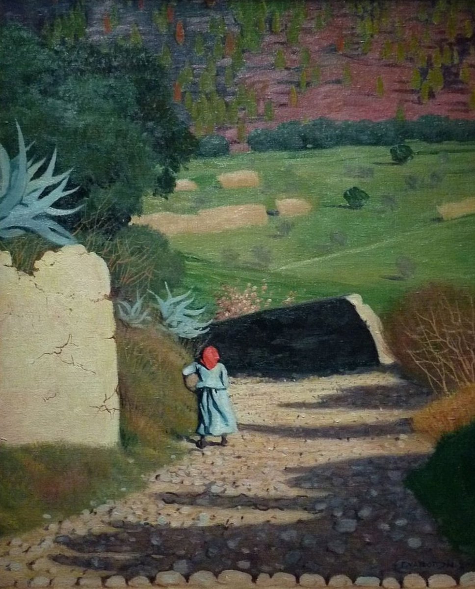 As the title 'Romaine à Cagnes,'  suggests, this is a painting (1920) of a small country road in Cagnes-sur-Mer in the south of France. The composition owes much to the influence of Japanese art, and especially of woodblock prints that Vallotton himself was an expert in producing