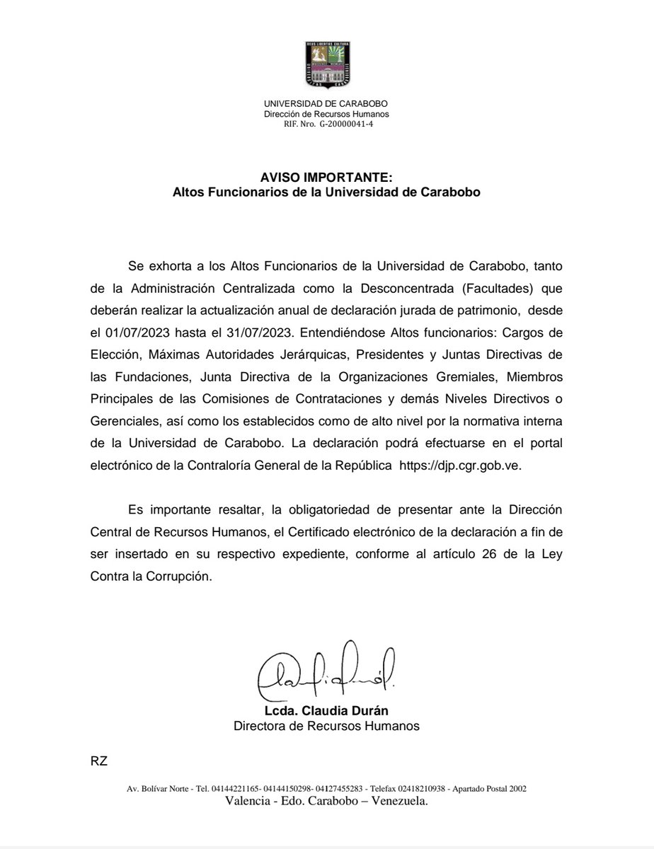 #Atención Se exhorta a los Altos Funcionarios de la <a href="/UCarabobo/">Universidad de Carabobo</a> a actualizar la declaración jurada anual antes del 31/07/2023.