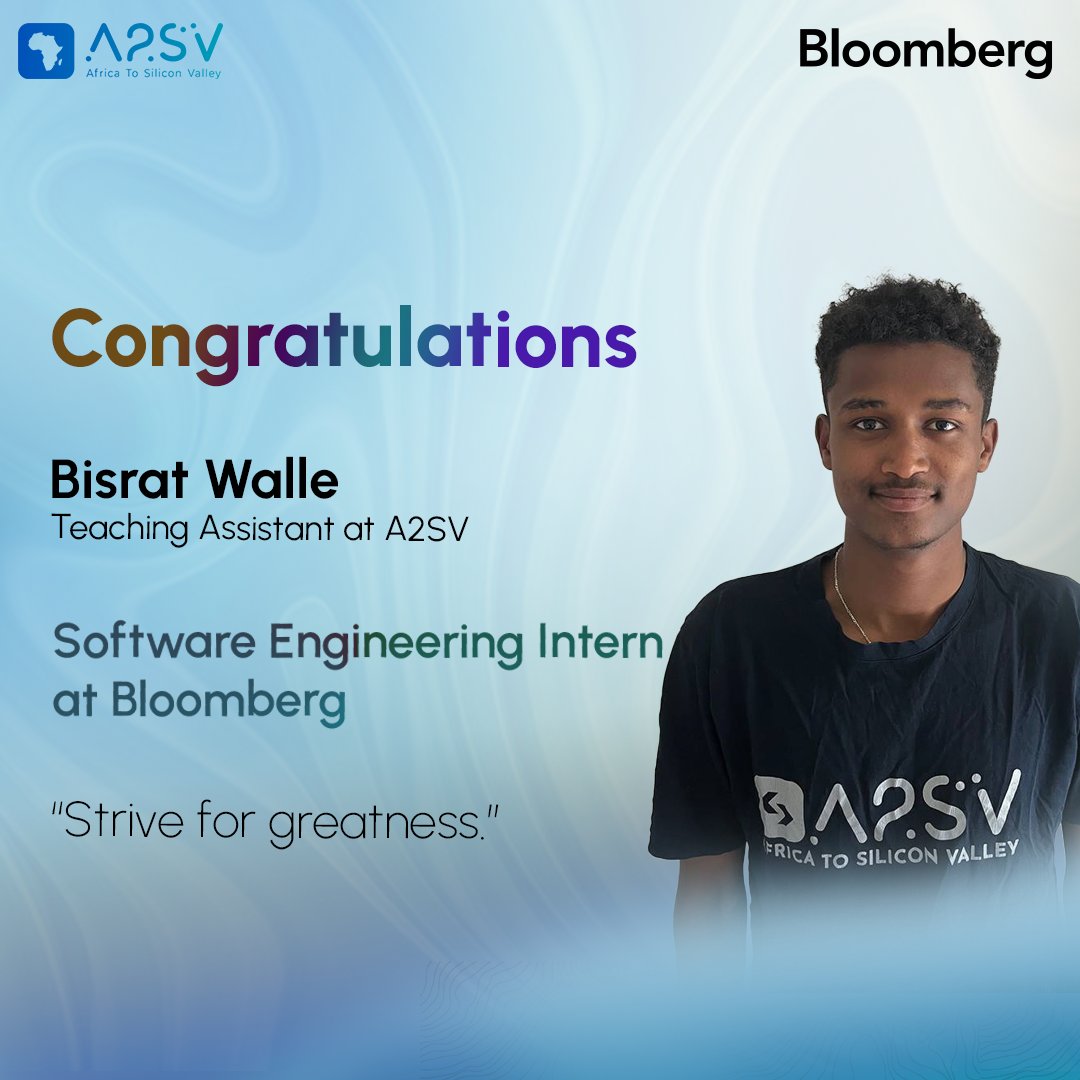 Empowering African Talent: Celebrating Bisrat's Internship in Silicon Valley🎉

We have more good news to share! Our hearts are full as we celebrate one of our A2SV students, Bisrat Walle, who also made it as an intern at Bloomberg. 🌍💼

#A2SV #SiliconValley #TechTalent