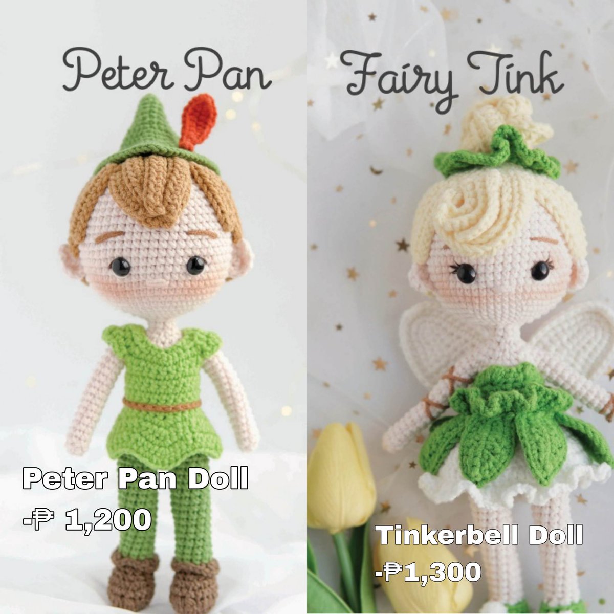 PETER PAN AND TINKERBELL CROCHET DOLL🧚‍♀️🧚🏻‍♂️

Why it is so pricey? Because this doll is handmade and 1-2 weeks to made. Pre-order your Crochet doll now!! Dm if interested🫶🏻

#DonBelle