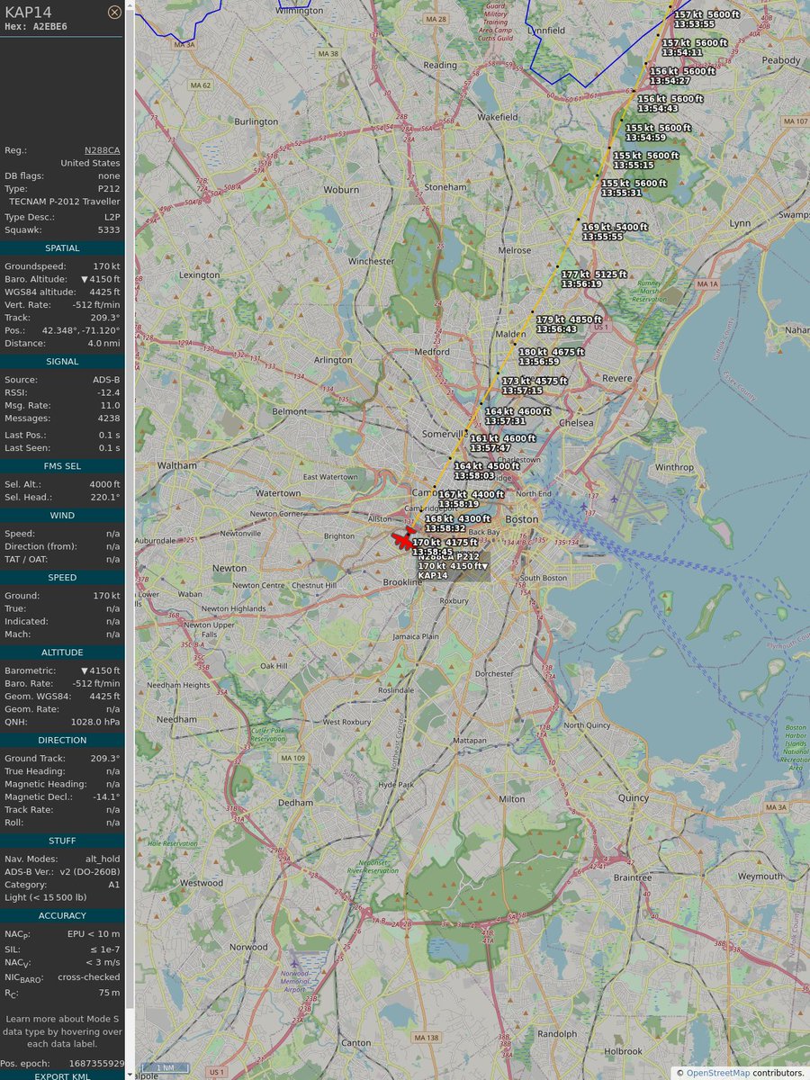 ICAO: #A2EBE6
Flt: #KAP14 #CapeAir #BOS-#RKD
First seen: 2023/06/21 09:57:13
Min Alt: 4575 ft MSL
Min Dist: 1.24 mi

#planefence #adsb - planefence.com/medford
globe.adsbexchange.com/?icao=a2ebe6
