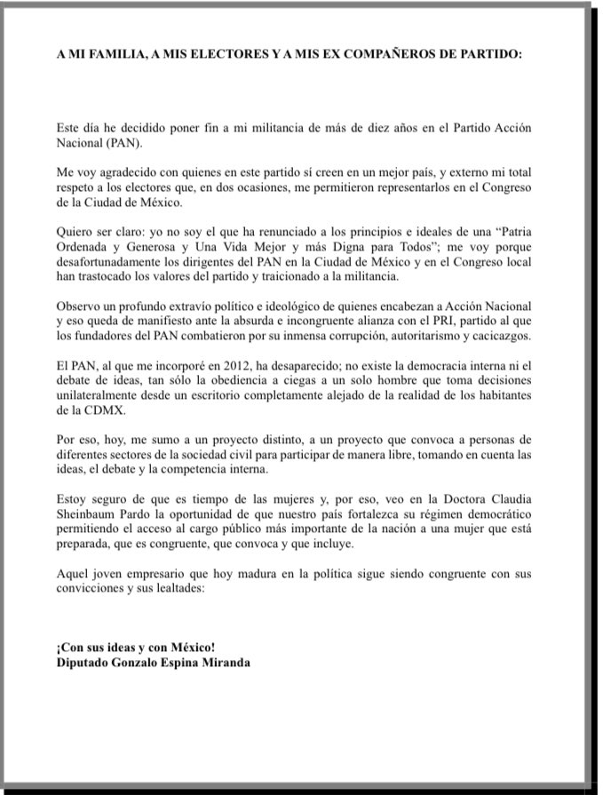 Obsérvese la abismal diferencia entre la renuncia al PAN, razonada y critica, del diputado <a href="/gonzalo_espina/">Gonzalo Espina</a> y el comunicado del <a href="/PAN_CDMX/">PAN Ciudad de México</a> vacío de principios, ciego ante la realidad política, de tono burocrático e ignorante y sin autoridad moral por la corrupción de sus “líderes”.