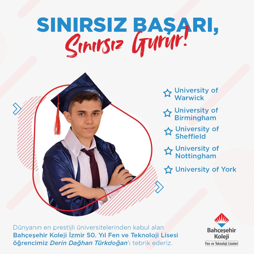 bahcesehir_k12's tweet photo. 👏🏼Tebrikler Dağhan!

İzmir 50. Yıl Fen ve Teknoloji Lisesi öğrencimiz Derin Dağhan Türkdoğan dünyanın en prestijli üniversitelerinden kabul aldı.
 Gururluyuz! ❤️💙
Yolun açık olsun Dağhan✨

#bahçeşehirkoleji 
#SınırsızBaşarıSınırsızGurur https://t.co/bgDMo8ApKk