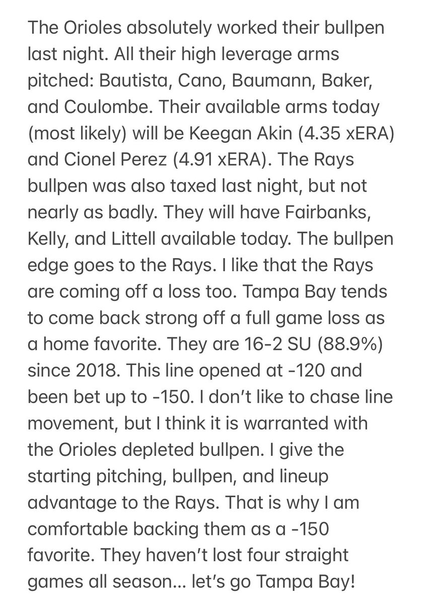 MLB PLAY OF THE DAY:

Tampa Bay Rays ML*
1.5 units (12:10 EST)

Take play straight. Bet to win 3-5% of your betting bankroll.

LET’S GO RAYS! #RaysUp 

Detailed write-up below ⬇️
