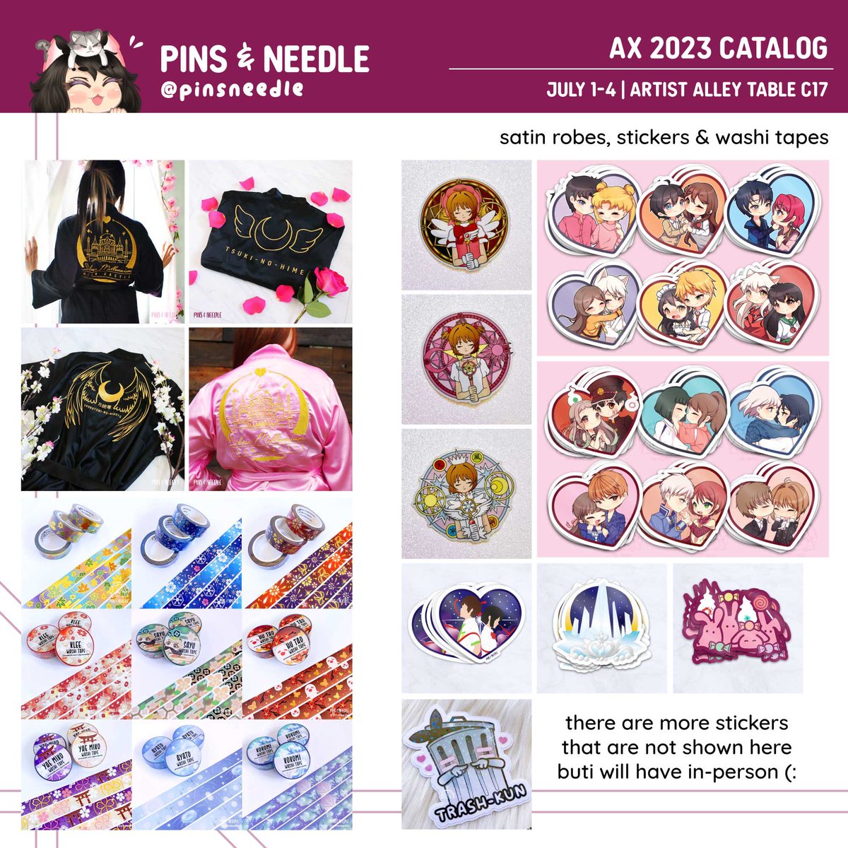 I'll be at AX! I'll be in the artist alley, table c17! Here's my catalog! Not all my stickers are shown and I have 3 new pins releasing at AX! 

#animeExpo2023 #AX2023 #axartistalley