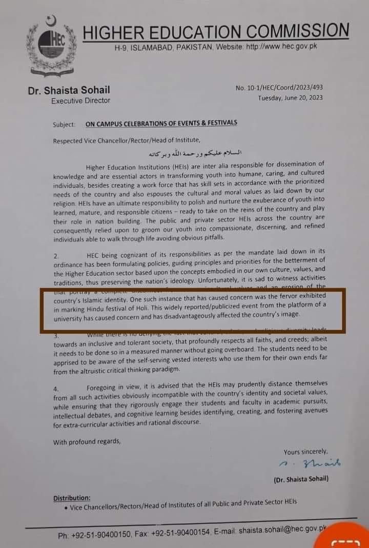 thakurjaid's tweet photo. #HEC's immturty cn be seen in its ban of #Hindu fstvls aftr #Holi clbrtions in #QAU by stdnts. 
Dear stakehldr, tht clbrtion ws explicit msg of Intrfth Hrmny to wrld &amp; prpgndst cntries who wre indlged in dstrying imge of PAK. was +ve fr nationl intgrtion. @OfficialDGISPR https://t.co/LmBCNcZqKJ