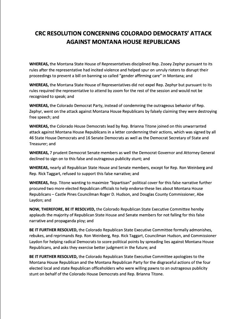CO Republicans overwhelming voted to admonish, rebuke, and reprimand GOP Rep. Ron Weinberg, Rep. Rick Taggart, Councilman Roger Hudson, &amp; Commissioner Abe Laydon for signing a letter from radical Democrats who want to push the mutilation &amp; chemical castration of children.