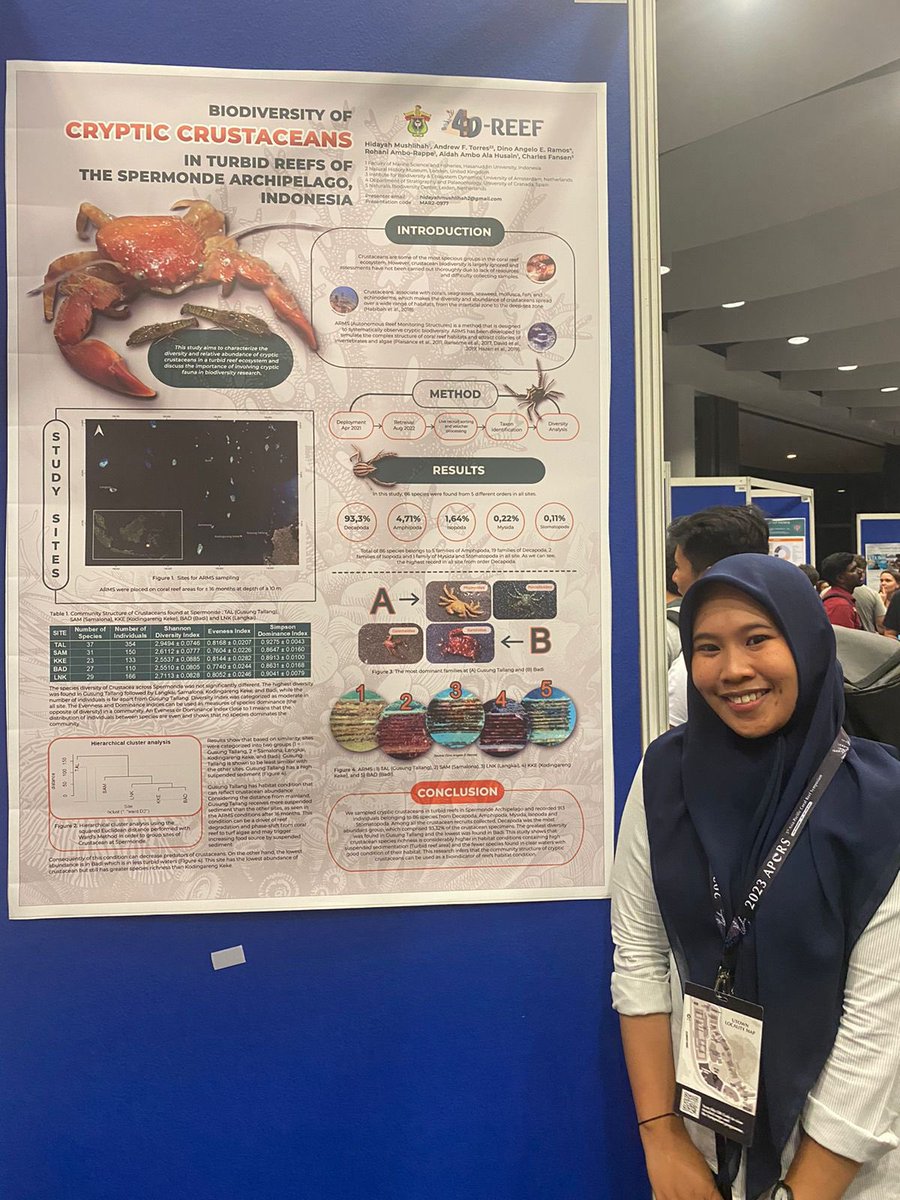 Immensely proud of Hidayah “Super Yaya” Mushlihah for presenting her master’s study on reef crustacean biodiversity at the #APCRS2023! 🪸🦀🦐🦞 Napakahusay! Congrats! 🥹🎉

<a href="/officialfikpuh/">FIKP Unhas</a> <a href="/4D_REEF/">4D-REEF</a> #ARMS <a href="/daeramos2/">Dino Ramos</a>