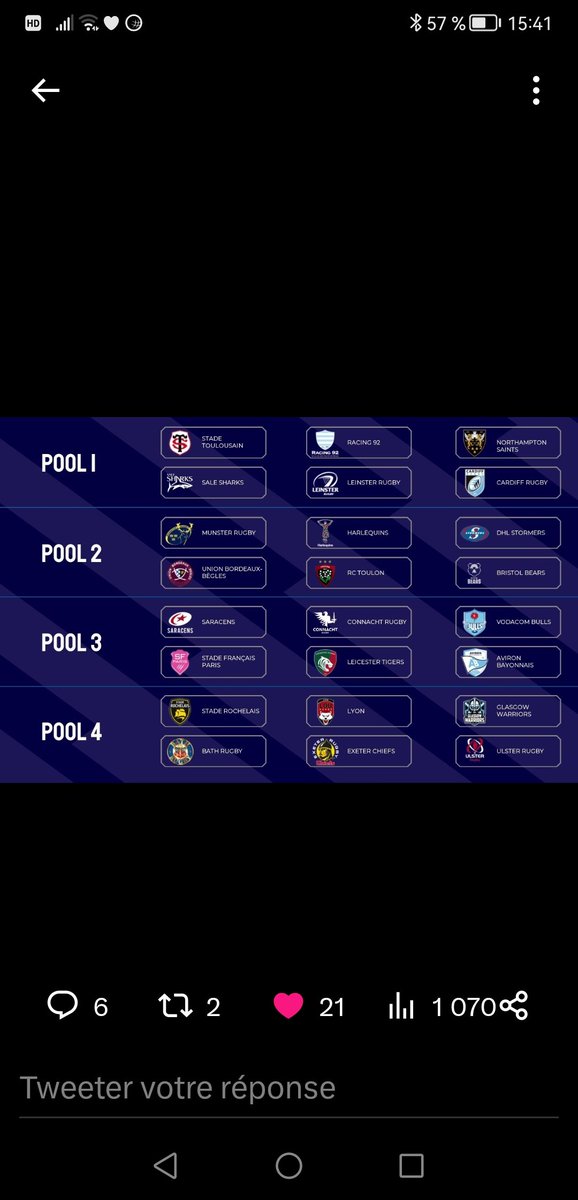 @StadeToulousain @OmaHasan @Cardiff_Rugby @BathRugby @Harlequins @UlsterRugby @racing92 On est plutot dans la poule 1 non?