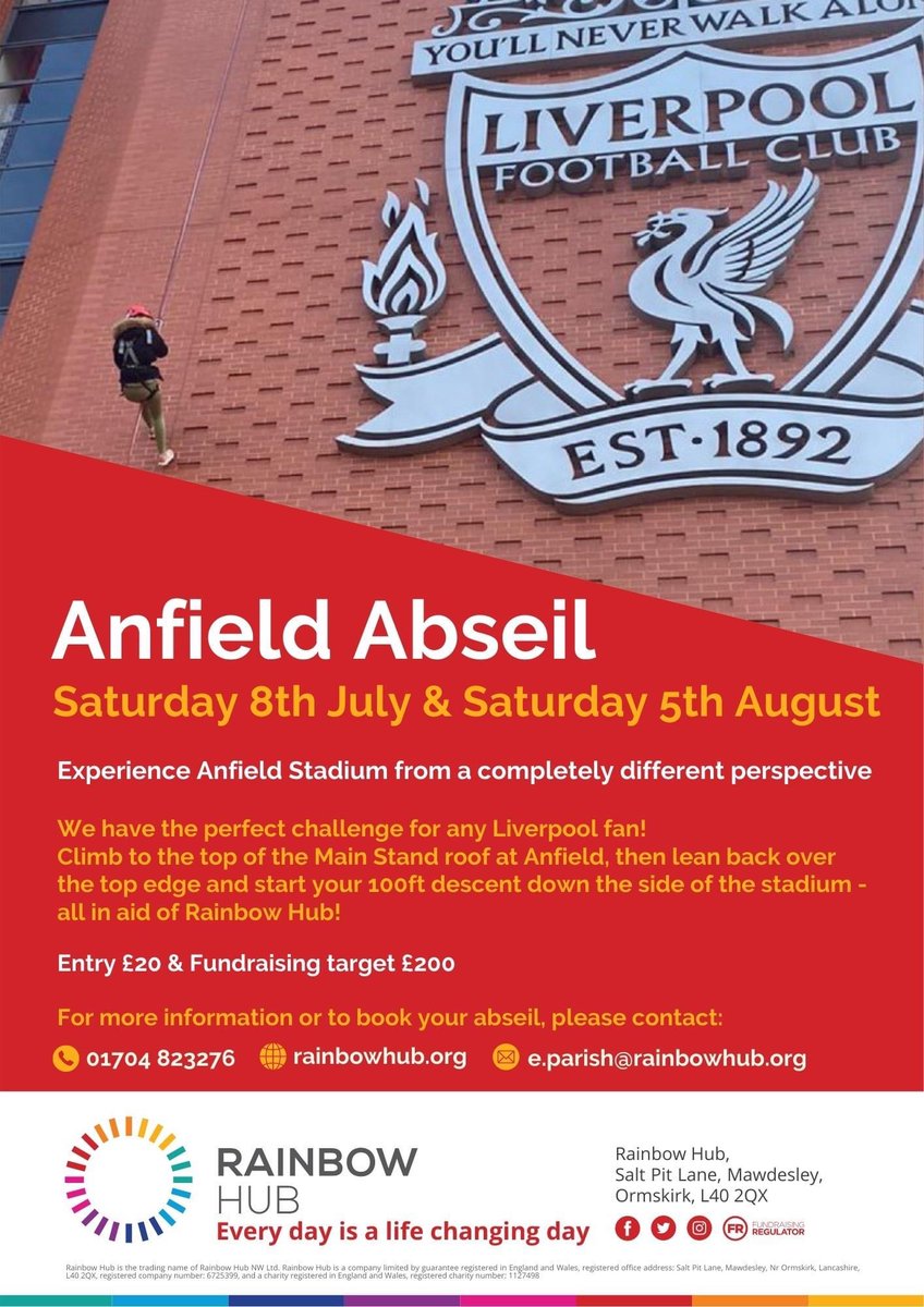 🌈 We've introduced a second date for the #AnfieldAbseil!! 🌈 Places are still available for both Saturday 8th July and Saturday 5th August! Please contact Emma Parish now: e.parish@rainbowhub.org for more information #YNWA #LiverpoolFC #anfieldstadium #anfield