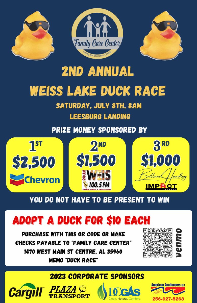 WeissCCCOC's tweet image. Help support Family Care Center's 2nd Annual Weiss Lake Duck Race
conta.cc/3P0Z4LW
conta.cc/44dlvSj