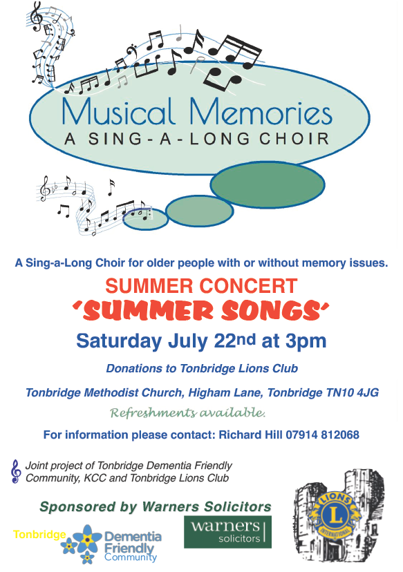We are sponsoring the Musical Memories Sing A-Long Choir at Tonbridge Methodist Church.

Everyone is welcome to come along and join in singing some classics on Saturday 22 July at 3pm.

#musicalmemiors #summersongs