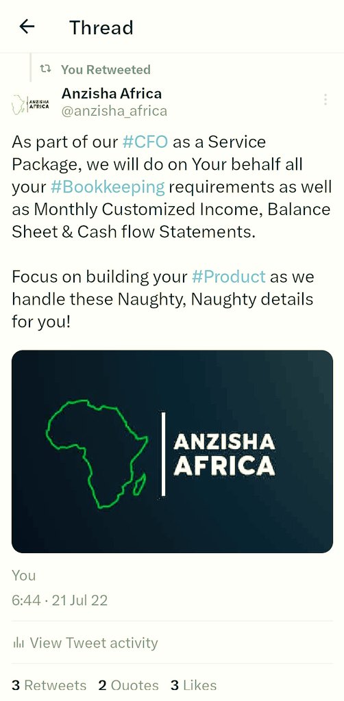 On Behalf Of @anzisha_africa, May We Add:

As Part Of Our #CFO As A Service Package, We Will Do On Your Behalf All Your #Bookkeeping Requirements As Well As Monthly Customized Income, Balance Sheet & Cash flow Statements...@POTUS