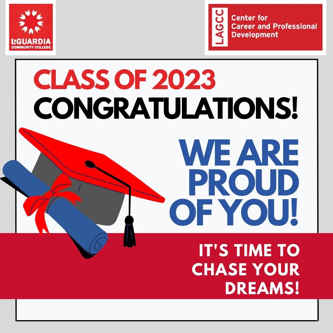 Congratulations to LaGuardia Community College Graduating Class of 2023!

The CCPD Team wishes you continued success, wherever your road takes you!

Tell us what you plan to do next on your journey: bit.ly/FDS22-23