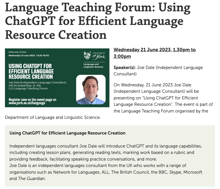 Very useful Language Teaching session on using ChatGPT with @joedale organised by @UoYLangLing Dept of Language & Linguistic Science 'Language Teaching Forum' Great Session! - Thanks Joe, @lu_aiello16 & @MuradasTaylor #language #teaching #chatgpt #ECML #FutureLanguages2023