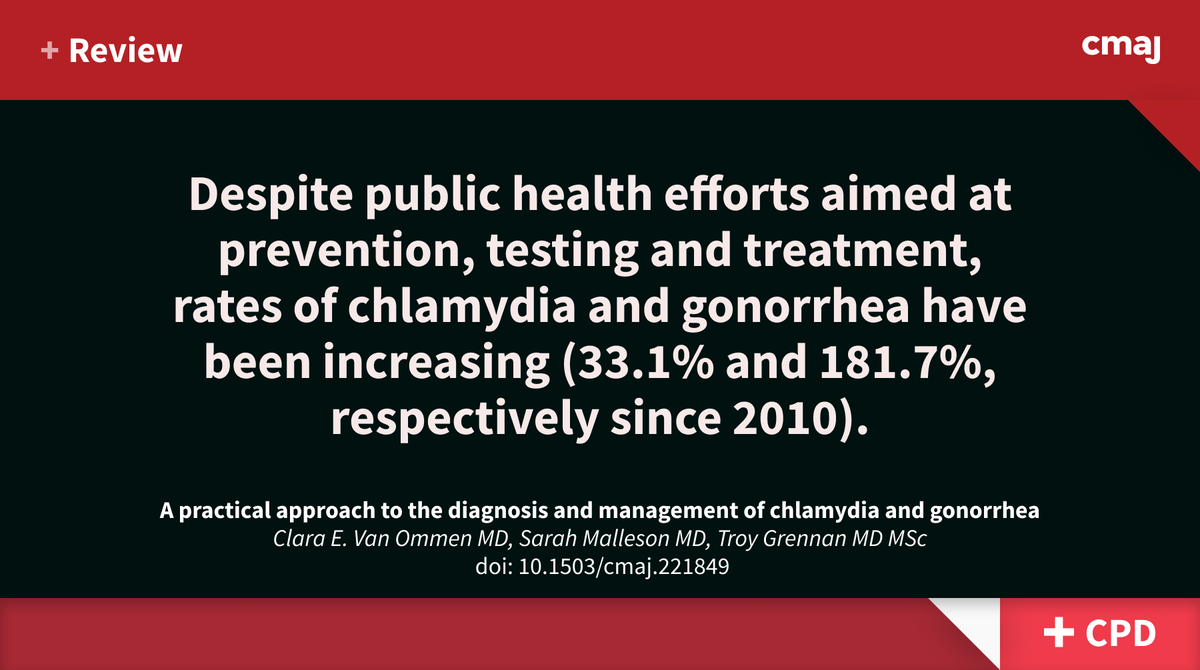 CMAJ's tweet photo. A guide for clinicians to diagnose and treat chlamydia and gonorrhea.
➡️ https://t.co/jz2ks3b9Ex
(earn CPD credits)
@DrTroyG https://t.co/nhXaxtBWyZ