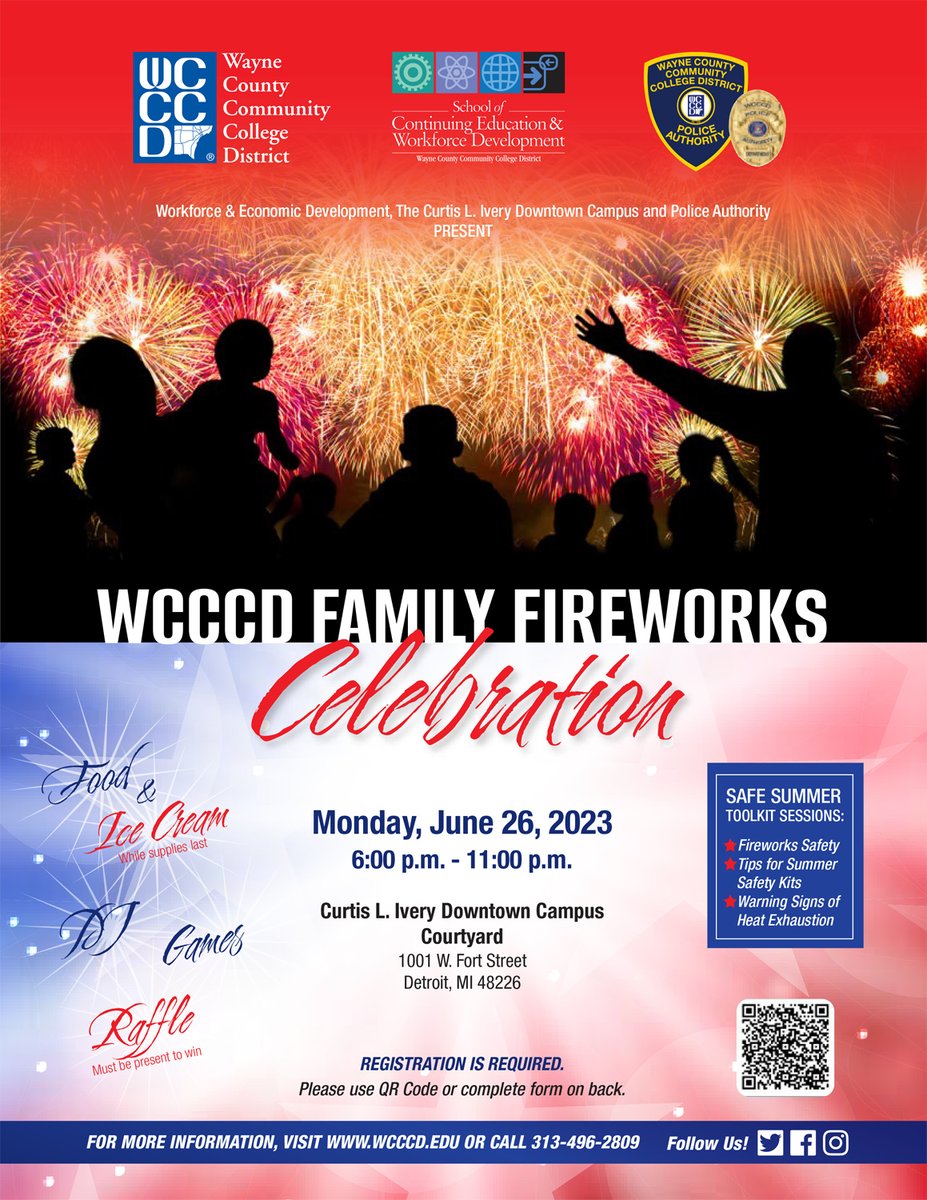 WCCCD’s Family Fireworks Celebration is 6/26 from 6:00 p.m. – 11:00 p.m. at the Curtis L. Ivery Downtown Campus Courtyard at 1001 W. Fort Street in Detroit.

Registration is required: wcccd.edu/pdfs/2023/FF_C….

For more info, contact 313-496-2809 or visit wcccd.edu.