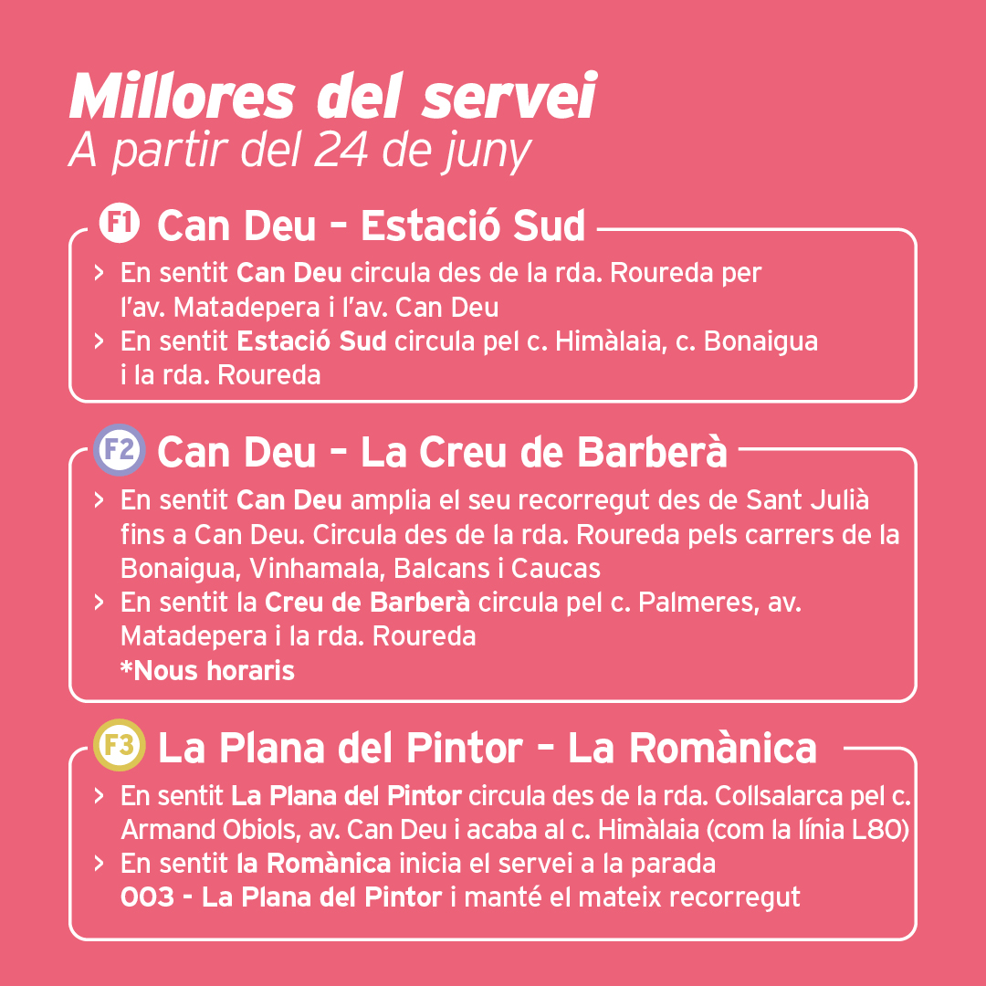 tussccl's tweet photo. 📢#Millores de servei 👏🏼 #LíniaF1 #LíniaF2 i #LíniaF3 (a partir del 24/6/23)👉🏼 nous recorreguts a la zona nord de #Sabadell. 
#Línia4 dels dissabtes als #Merinals (a partir de l'1/7/23)👉🏼 nou recorregut pel c. Malta, en sentit #LaRoureda pel Mercadet.
#TusSabadell https://t.co/jnG6up9YFc
