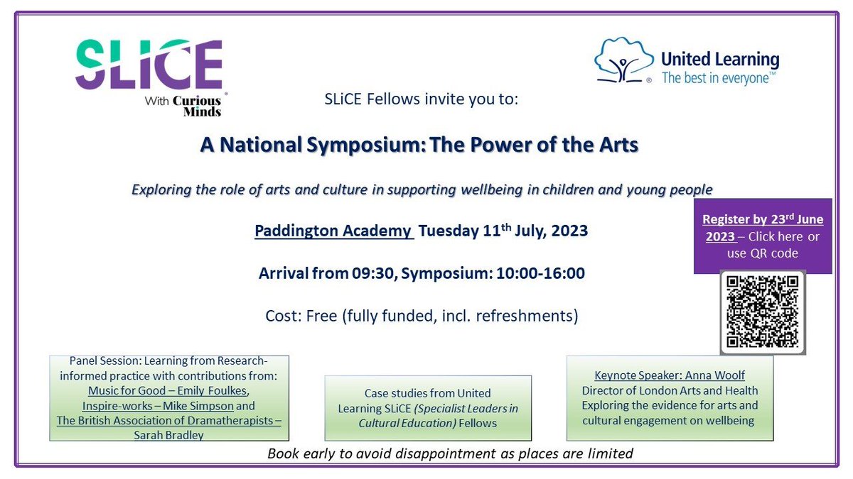 United_Music1's tweet photo. Limited spaces available at #ThePowerofTheArts event coming up on July 11th. Exploring the role of arts in supporting wellbeing in children &amp; young people in schools. Please DM or email music@unitedlearning.org.uk for more info. Please RT @UnitedLearning @A_New_Direction 🙏 https://t.co/qJWdVSwy0u