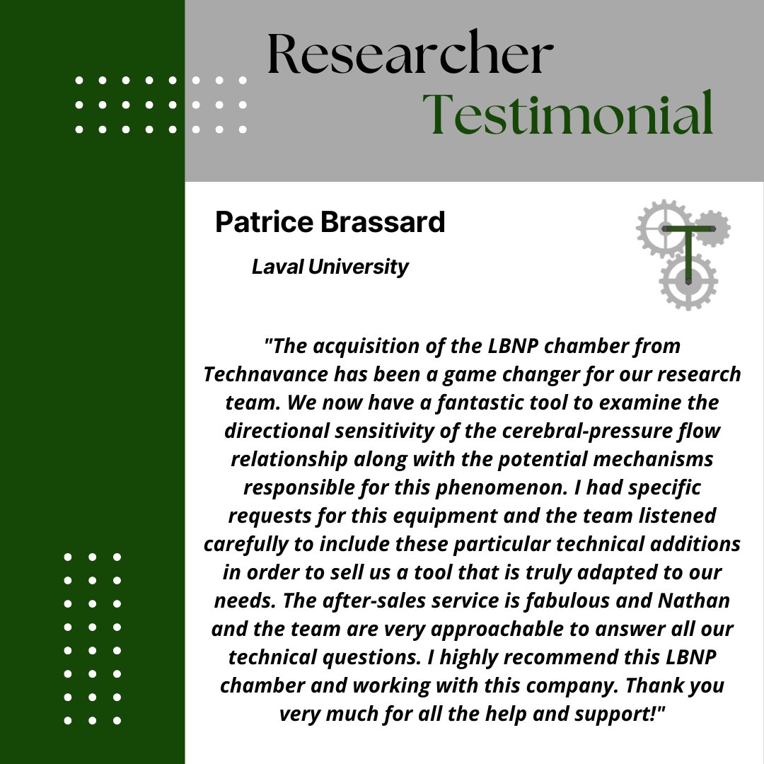 Always great to get positive feedback! Hear what Patrice Brassard, prominent professor from Laval University, has to say about his experience working with Technavance. We are thrilled to support such impactful research using our LBNP chamber! #satisfiedcustomer #cerebralbloodflow