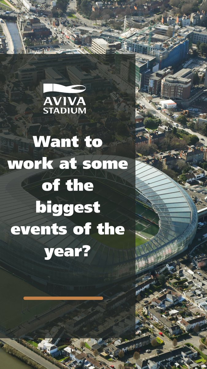 AVIVA Stadium (@avivastadium) on Twitter photo Want to work with us? Come say hi this Friday 23rd June between 1.00pm and 9.00pm at the stadium (Entrance A). No experience is necessary - we provide training for all new employees!
Email us at recruitment_aviva@avivastadiumevents.ie
#concerts #events #avivastadium #jobfairy Want to work with us? Come say hi this Friday 23rd June between 1.00pm and 9.00pm at the stadium (Entrance A). No experience is necessary - we provide training for all new employees!
Email us at recruitment_aviva@avivastadiumevents.ie
#concerts #events #avivastadium #jobfairy