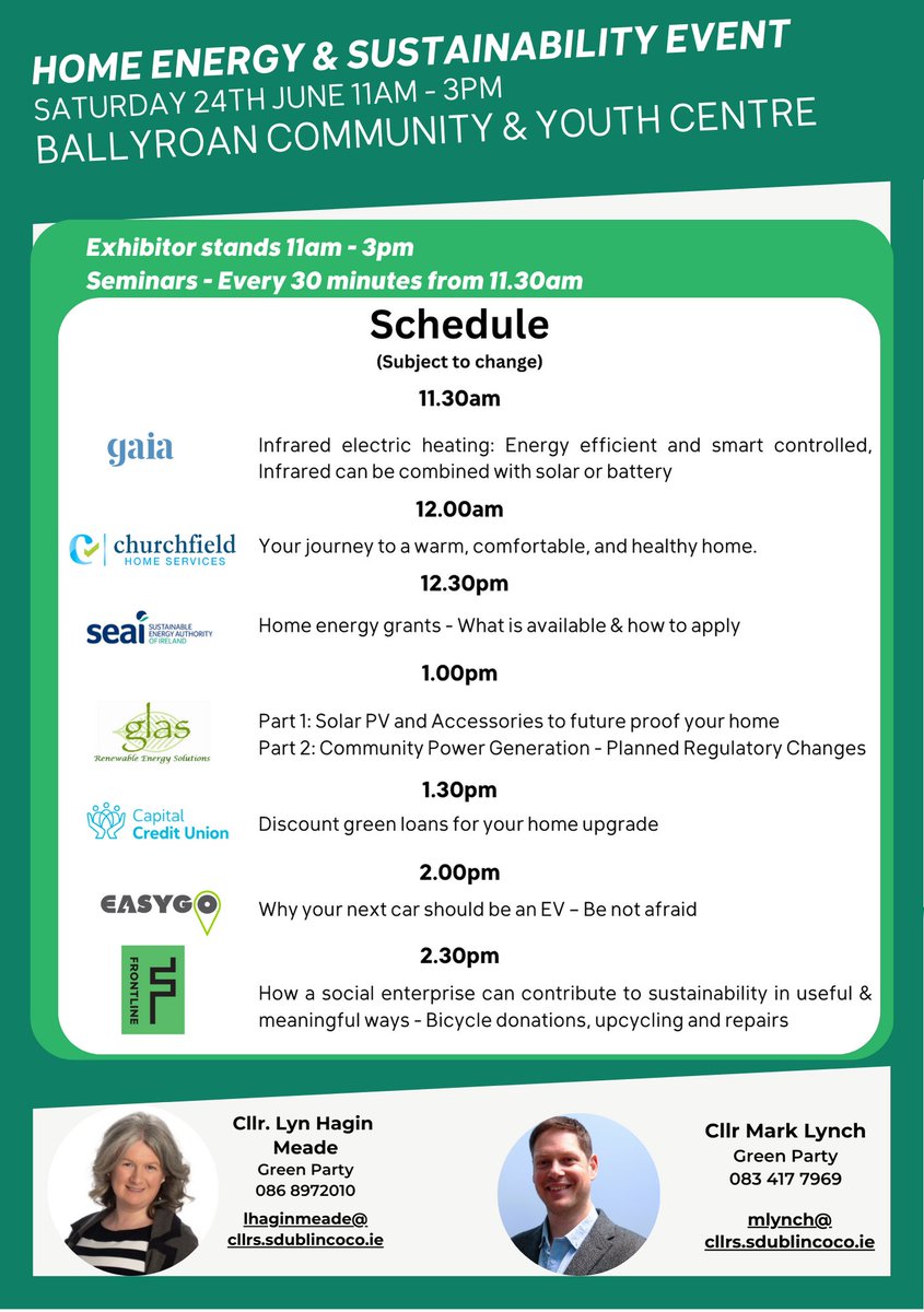Only a few days until our FREE Home Energy & Sustainability event this Saturday 24th June in Ballyroan Community Centre, Rathfarnham. We have a great line up of speakers & exhibitors. @SEAI_ie @CF_HomeServices @_capitalcu @Easygo_ie @Bodengaa