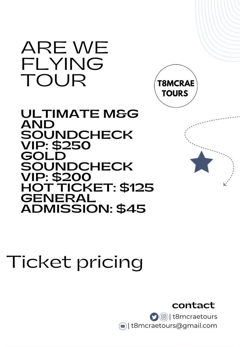 t8mcraetours's tweet photo. Tate McRae Are We Flying Tour Ticket Prices

- @tatemcrae #tatemcrae https://t.co/u04motbrCL