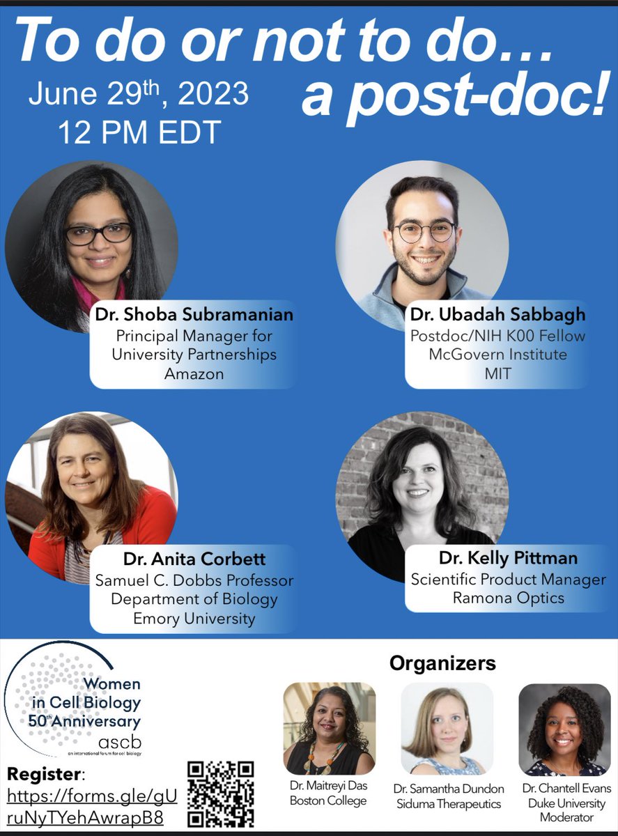 Summer webinar next week! 'To do or not to do…a postdoc!' Join us June 29th 12pm EDT/9am PT to hear from our amazing panel who all made different decisions about whether to do a postdoc. Q&A followed by break out rooms! It should be a lively conversation!