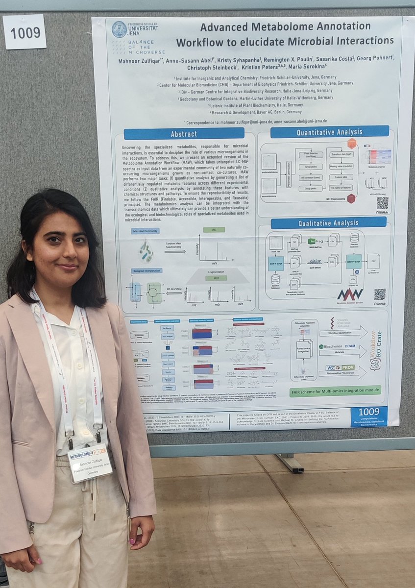 xd_mahnoor's tweet photo. #MetSoc2023 
Visit my poster 1009 at #Metabolomics2023 if you are interested in FAIR automated LCMS/MS workflow for high throughput analysis of microbial interactions data 🦠🦠🦠 https://t.co/tj2bnskFkN