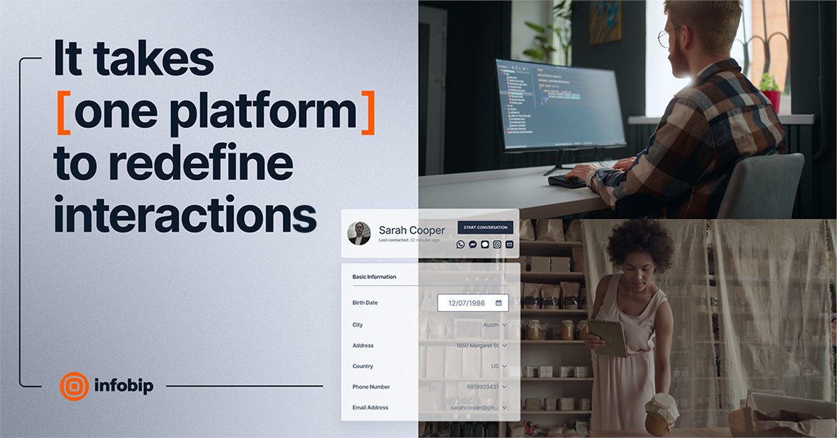 Infobip's tweet photo. Co-create your customer communications with the #OneCommunicationsPlaftorm that has it all. Connect with purpose on any channel, anywhere in the world, at any scale: π¬ https://t.co/CtJqexTpC2
#ItTakesOnePlatform #OnePlatformForAllInteractions #Infobip https://t.co/4KHU99IFaw