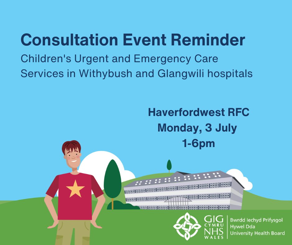 **Reminder**

Our next drop in event in Haverfordwest to discuss the future of urgent and emergency children’s services at Withybush and Glangwili hospital is coming up!

Come along from 1-6pm on 03/07 and have your say!
